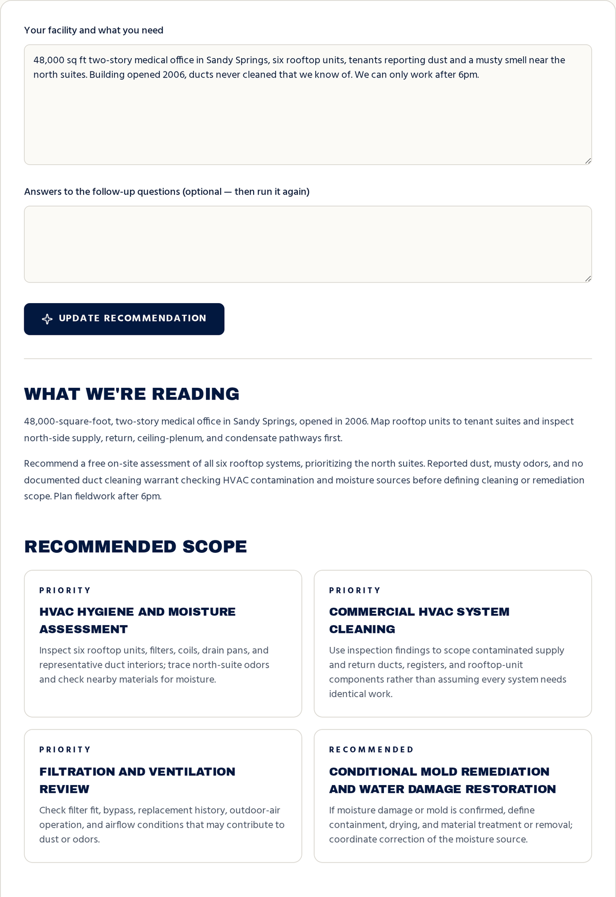 Sample facility advisor result: a 48,000 sq ft medical office in Sandy Springs described in the form, with the advisor's reading of the building and a recommended scope of commercial HVAC and duct work